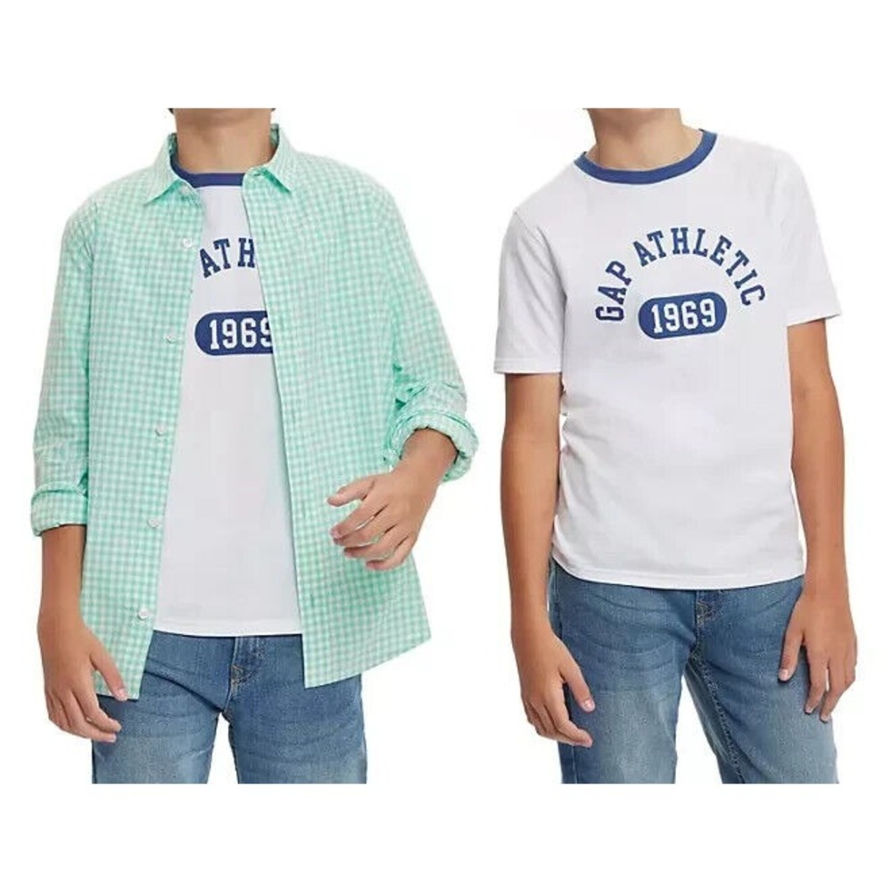 Gap Kids Boys Woven Shirt Set XL 14/16 Green White Gingham Plaid T-Shirt 2pc